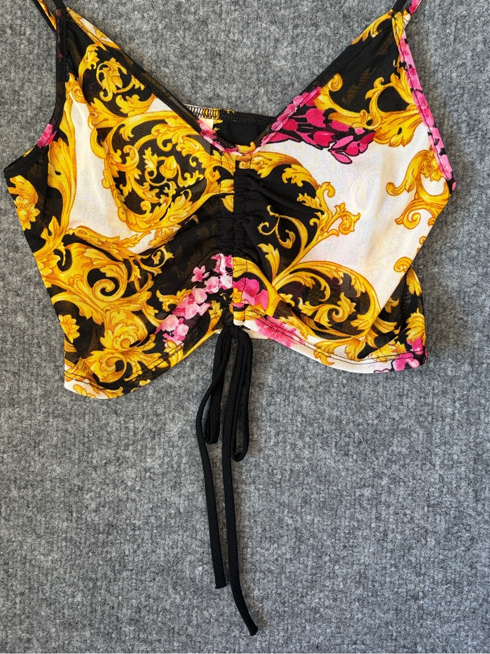 Primi Baroque Ruched Drawstring Crop Top Women Medium Black Yellow Pink SE7150A